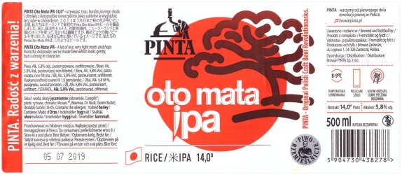 Browar Pinta (2018): Oto Mata IPA, Rice India Pale Ale