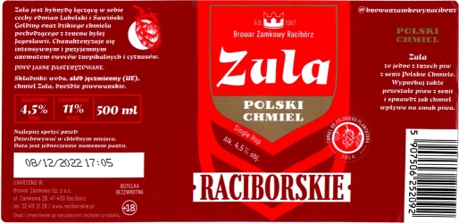 Browar Zamkowy Racibórz (2022): Raciborskie - Zula - Piwo Jasne