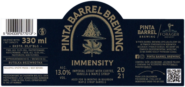 Browar Pinta Barrel Brewing (2021): Immensity - Imperial Stout With Coffee Vanilla and Maple Syrup