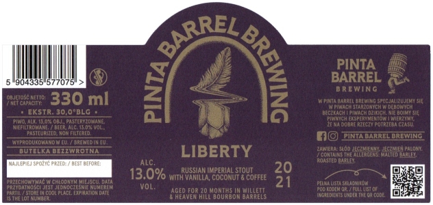 Browar Pinta Barrel Brewing (2021) Liberty - Russian Imperial Stout With Vanilla Coconut and Coffee