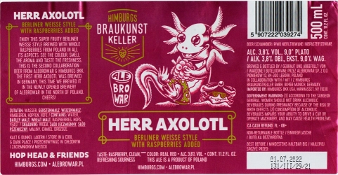 Browar AleBrowar (2021): Herr Axolotl - Berliner Weisse Style With Raspberries Added
