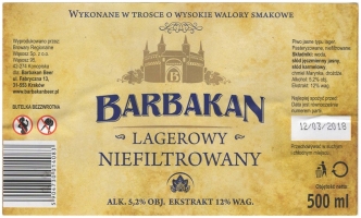 Browar Barbakan Beer (2017): Barbakan, Lager Niefiltrowany