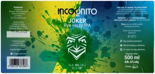 Browar Incognito (2021): Joker - Rye Hazy India Pale Ale