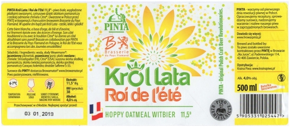 Browar Pinta (2018) Krol Lata, Roi de l'ete, Hoppy Oatmeal Witbier